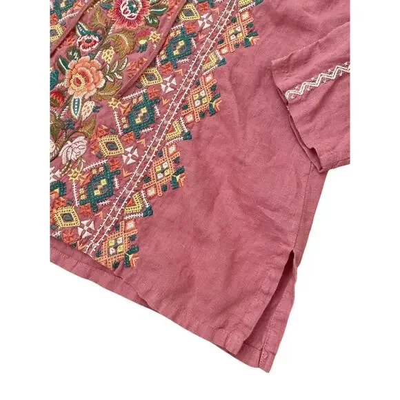 Johnny Was Chandra Pink Linen Peasant Top Blouse XS Embroidered Boho Cottage - Picture 7 of 13